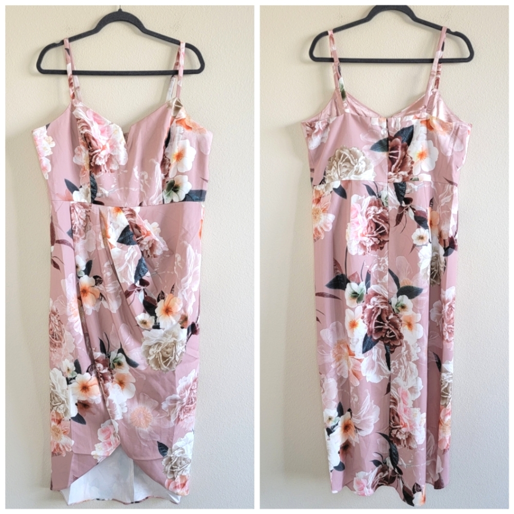 City Chic floral mauve spaghetti strap front waterfall midi dress